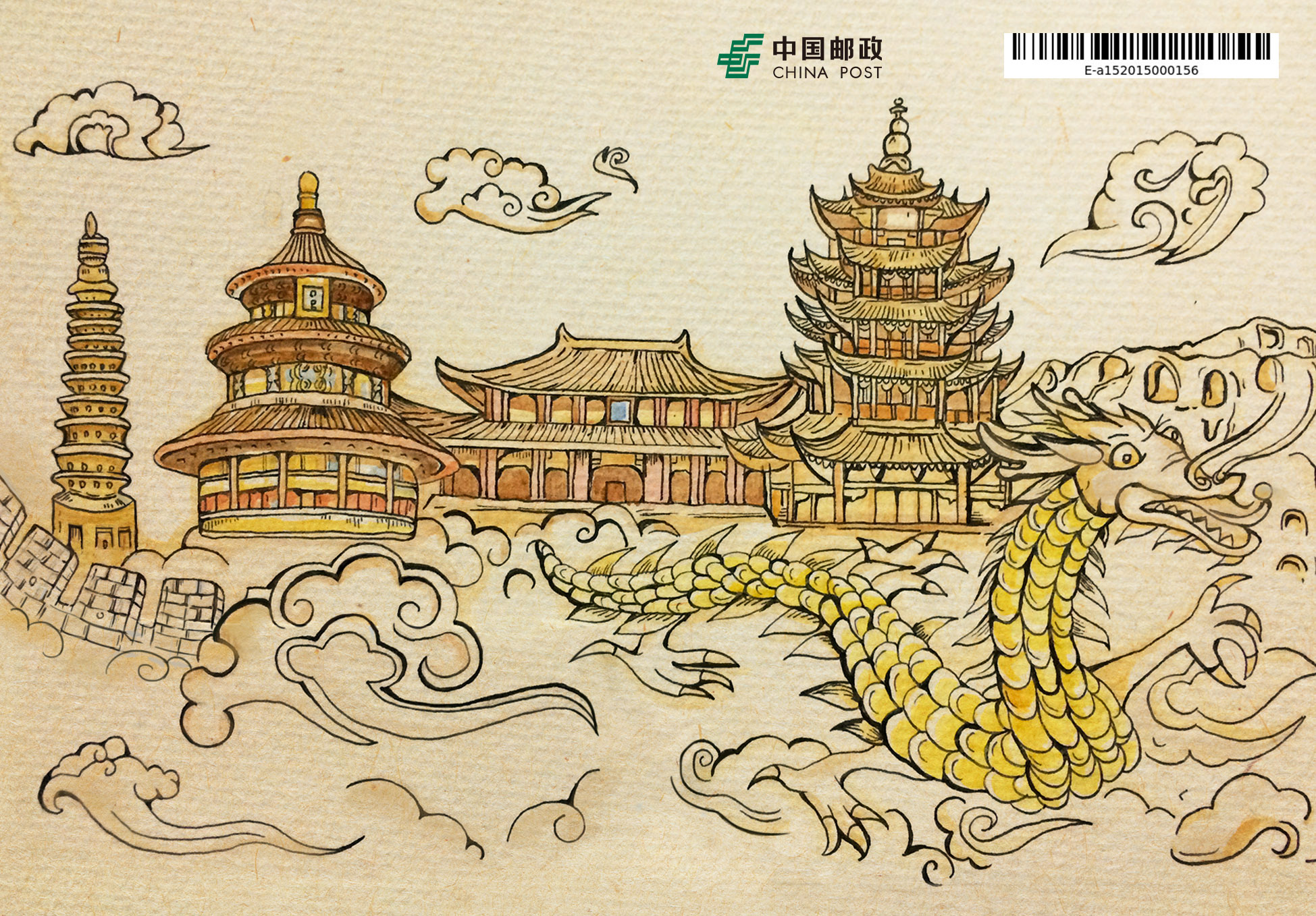 具有中国特色的手绘淡彩明信片,我搜集了许多中国代表性建筑的资料
