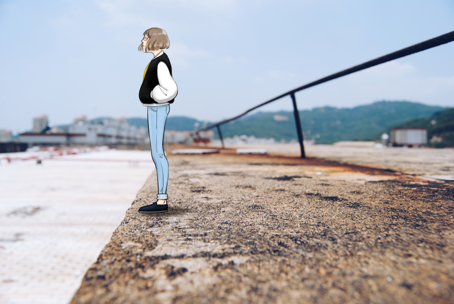 去天台吹吹风~|绘画习作|插画|陈现 - 原创设计作