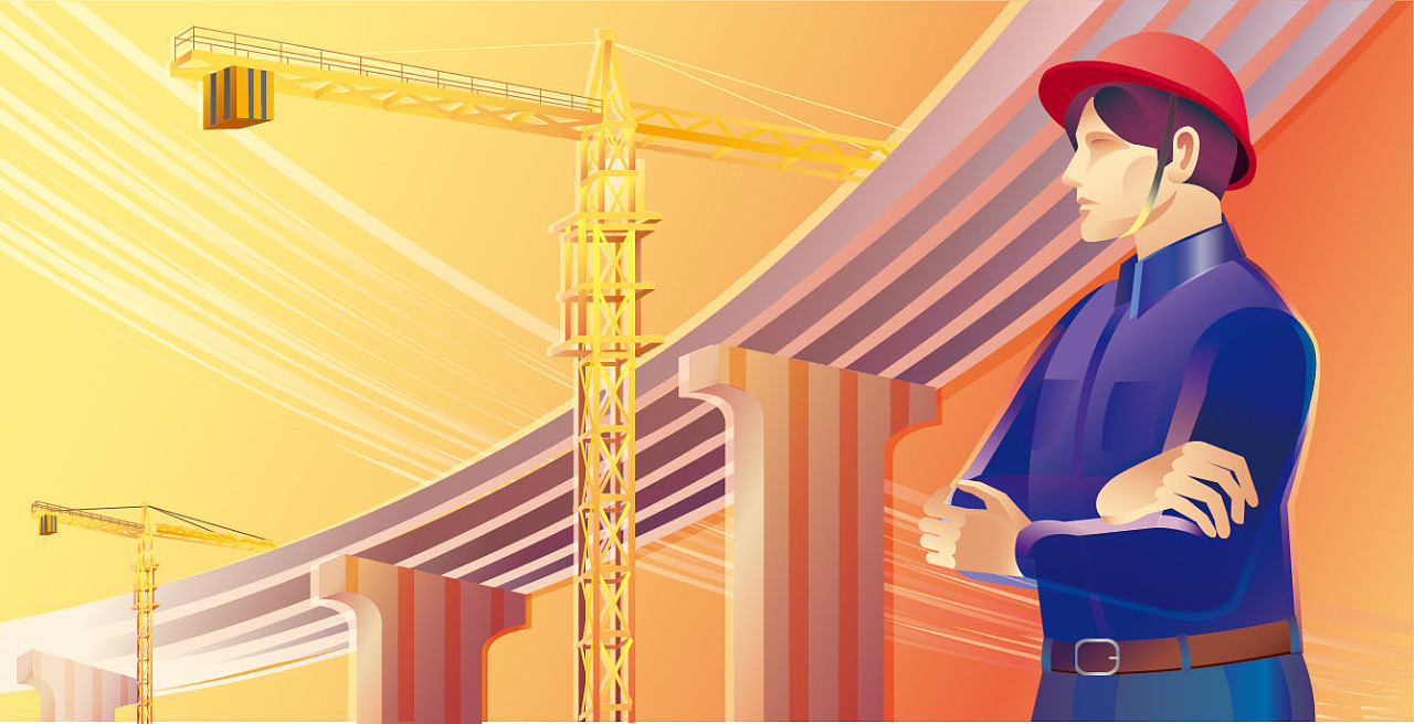 暖色建筑施工塔吊桥梁工程师劳动节场景插画