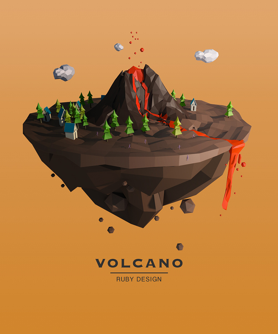 低多边形-火山爆发|概念设定|插画|Ruby1016 - 