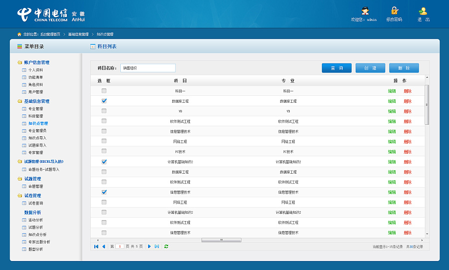 中国电信(安徽)--题库管理系统界面|其他网页|网
