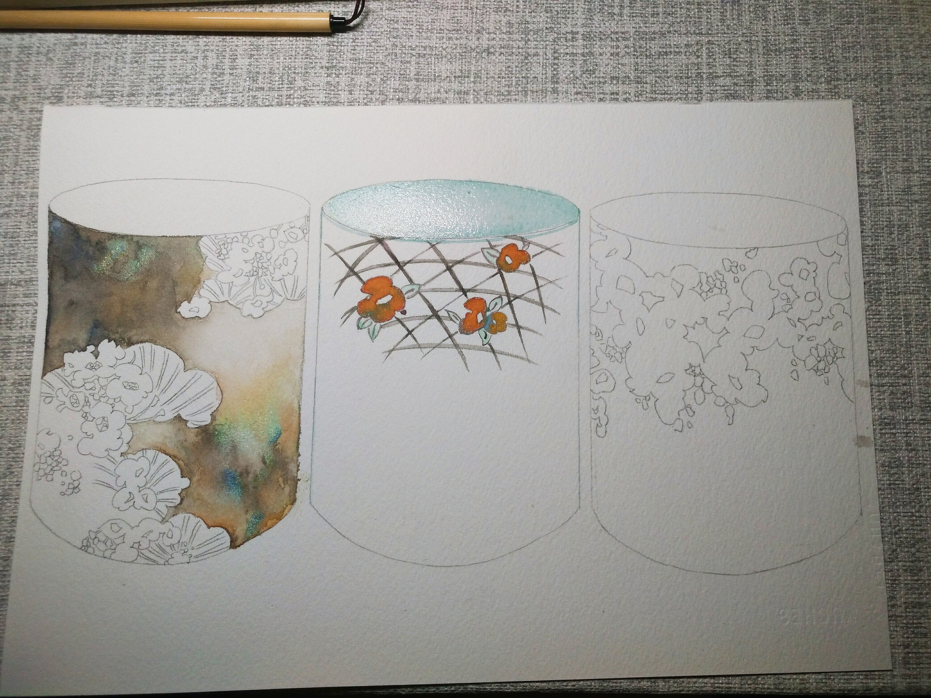 【水彩手绘】我的第一次陶艺设计图——鹳鳏作品