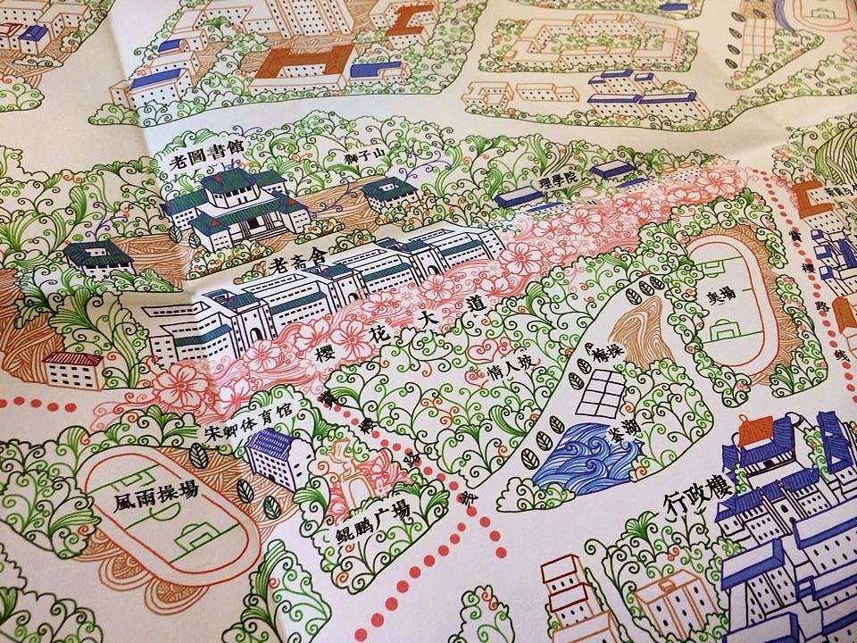 樱--武汉大学手绘地图图片