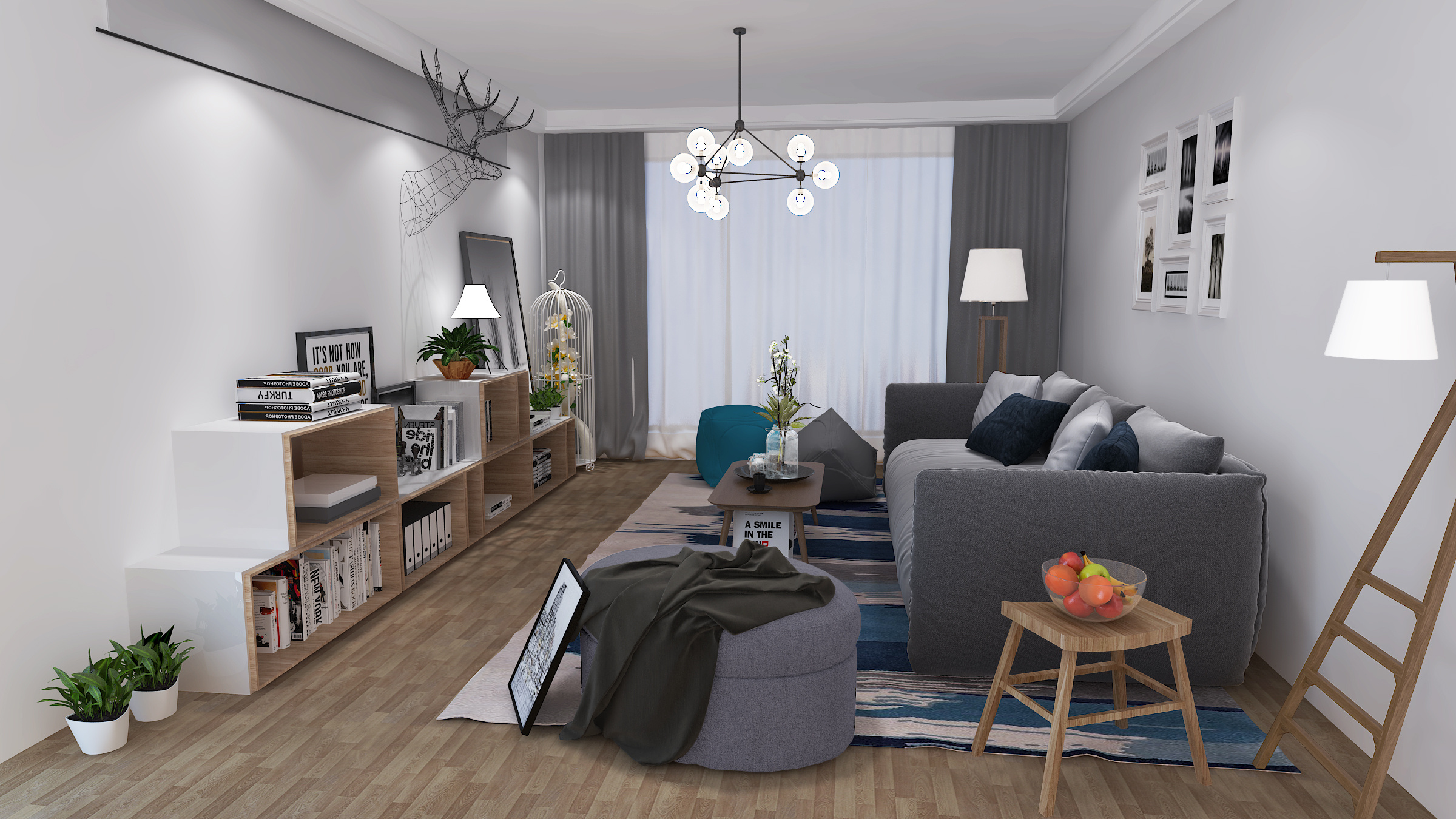 北欧风格家装设计家居软装室内设计书柜沙发客厅设计简约风格自然清新