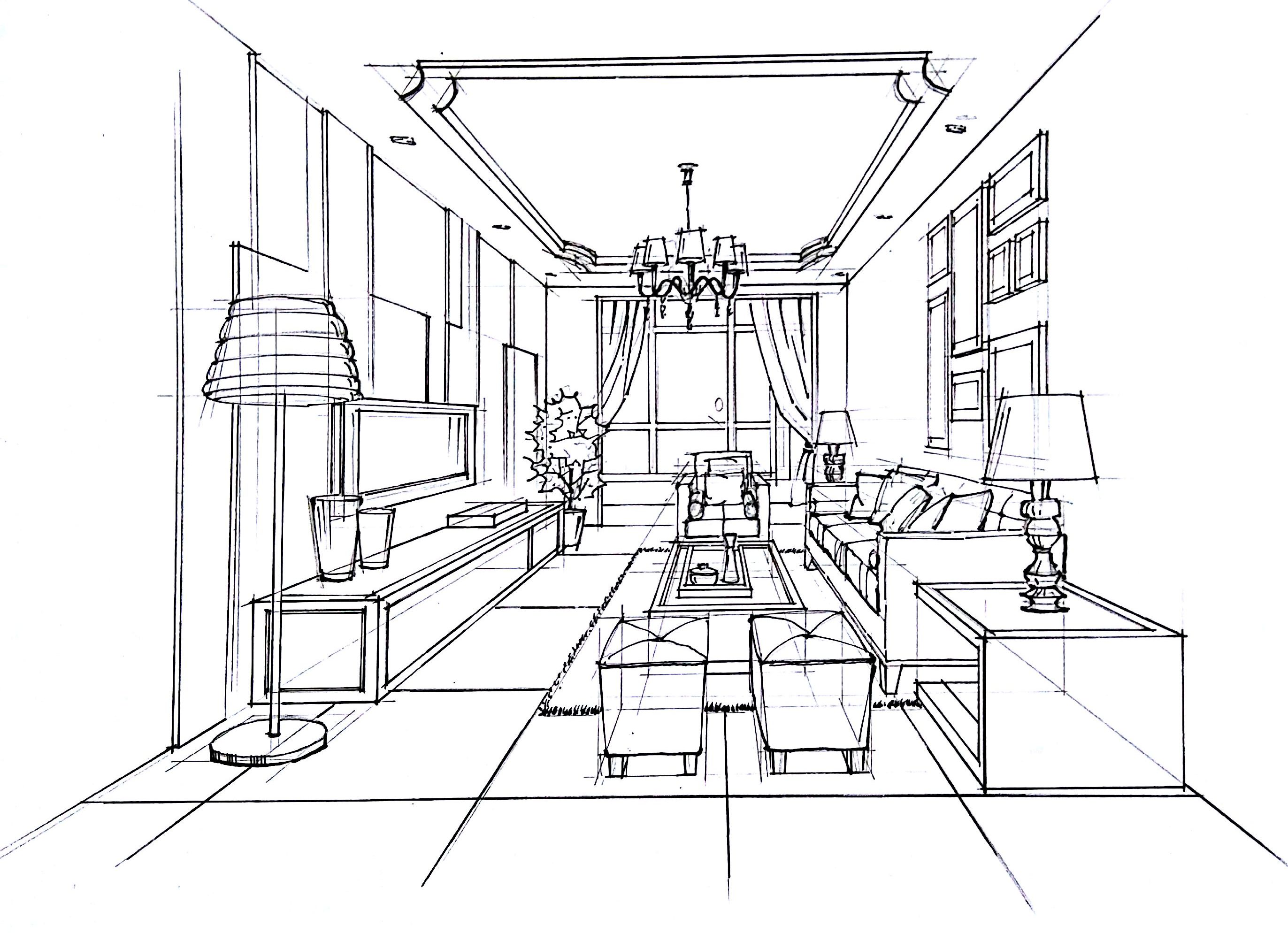 客厅空间一点透视黑白效果绘制步骤图.|空间|室内设计