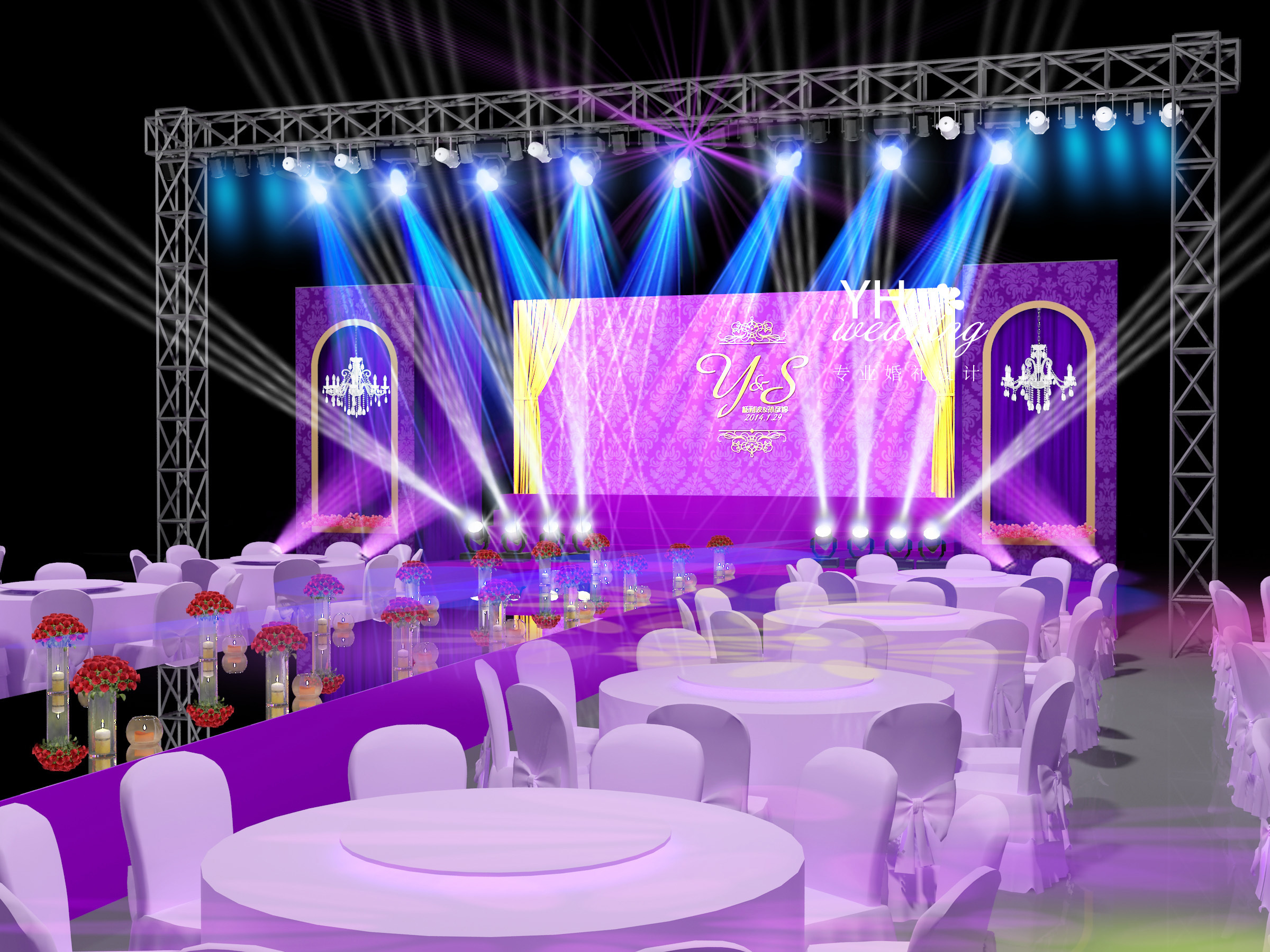 【yhwedding】紫色 香槟 婚礼3d效果图|空间|舞台美术