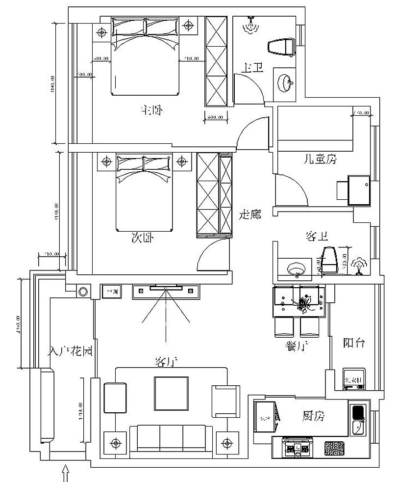 郑地璞园98平三室两厅户型装修设计平面图