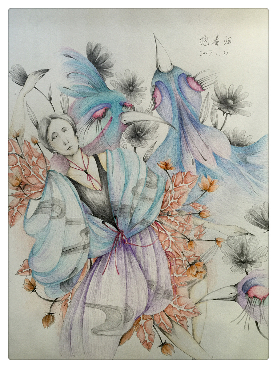 抱春归.二|绘画习作|插画|黄脸果体企鹅侠 - 原创