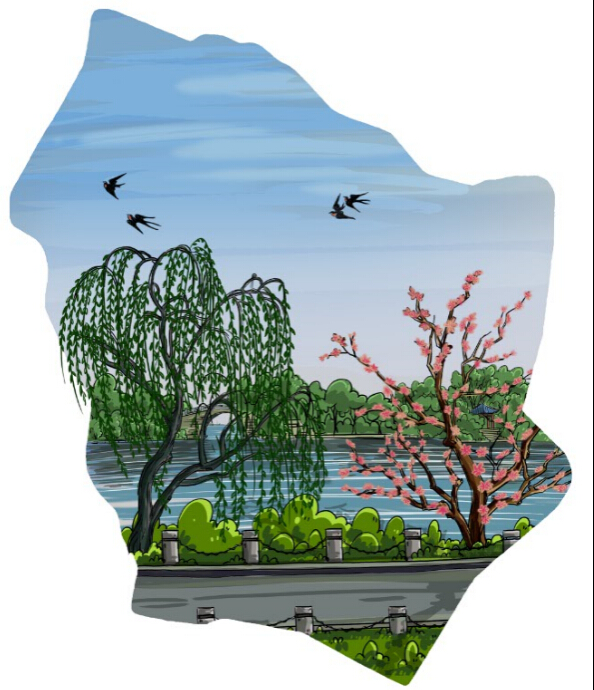 旅游手绘卡通 杭州西湖十景 地图绘画 卡通人物