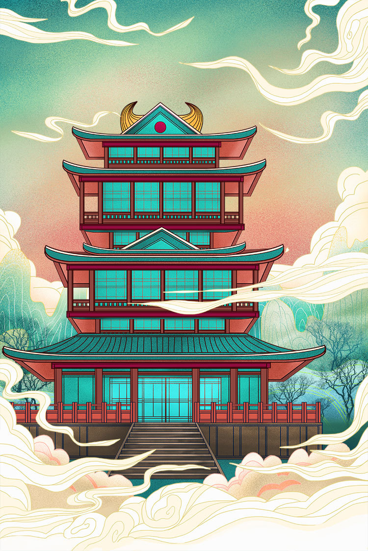 古风国潮中式山水建筑名胜游戏场景手绘插画海报设计
