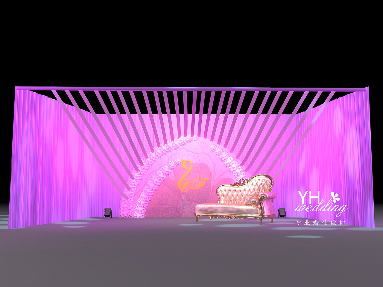 紫粉色婚礼3D效果图 舞台合影签到展示堆头|空