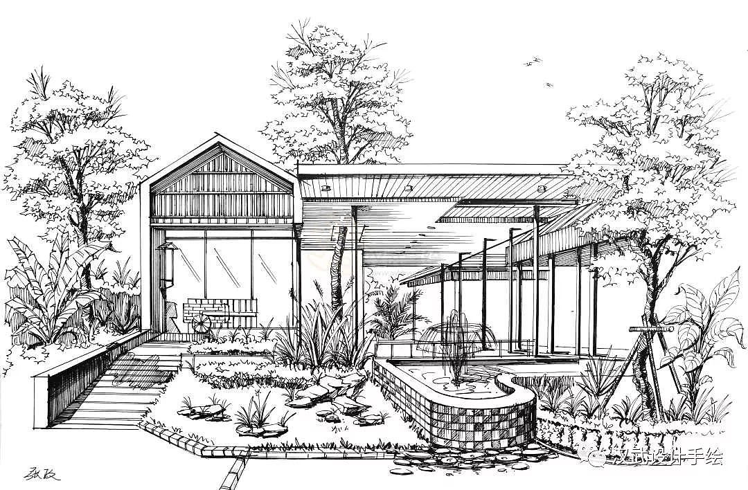 2花园咖啡店景观建筑手绘图