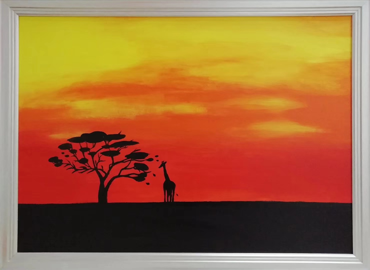 "   夕阳,地平线,金合欢和长颈鹿的剪影,是非洲草原最经典的画面,是