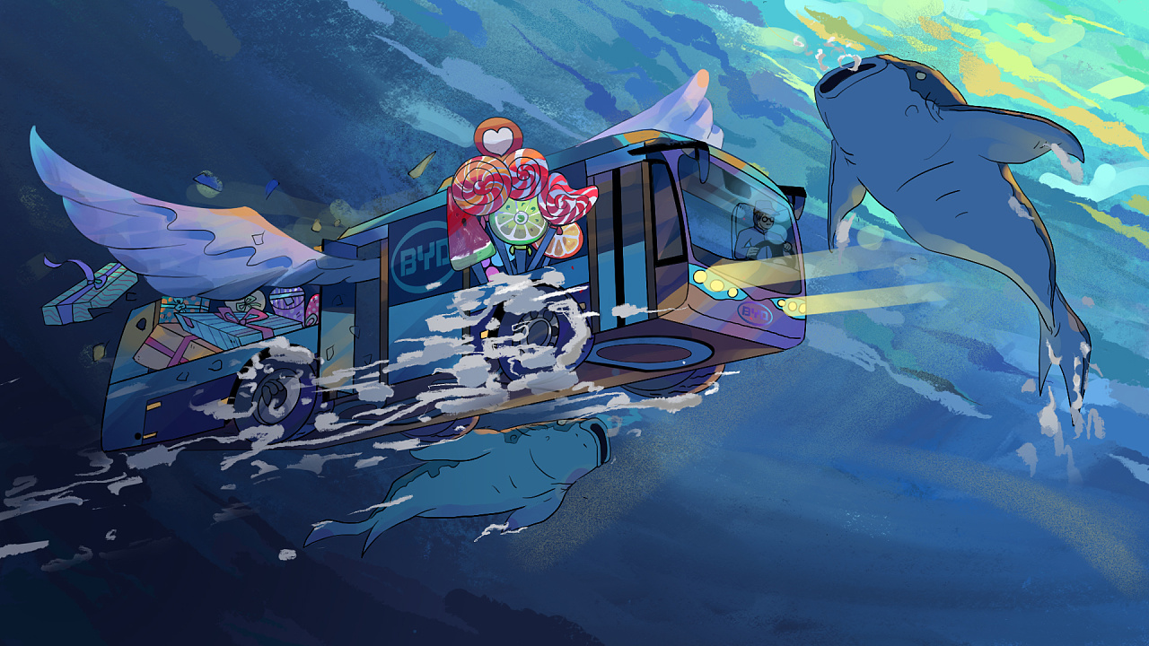 比亚迪汽车主题插画——海洋载梦巴士