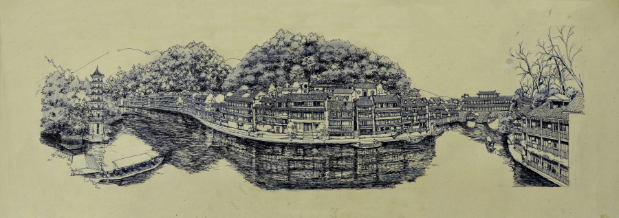 李万海原创钢笔手绘《手绘凤凰古城全景》|钢