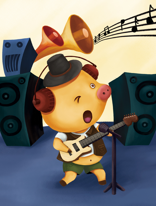 弹吉他的小猪|儿童插画|插画|xiaoyaored - 原创
