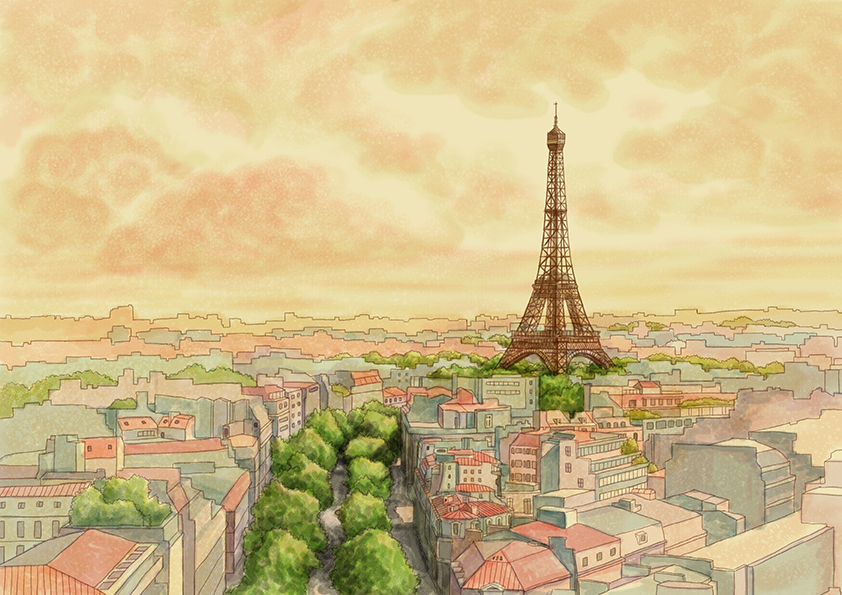巴黎铁塔CG水彩风主题插画绘制两张|商业插画