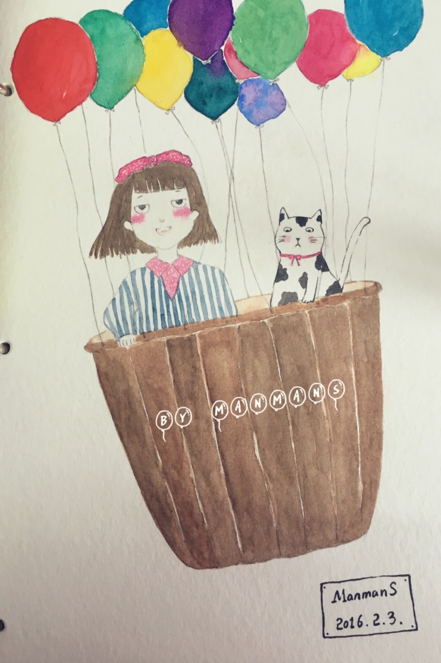 ManmanS水彩绘--女孩、猫和热气球|绘画习作