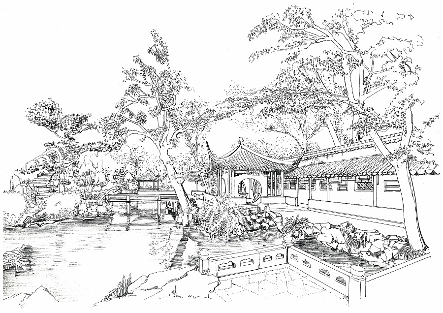 钢笔手绘-颐和园-古建庭院