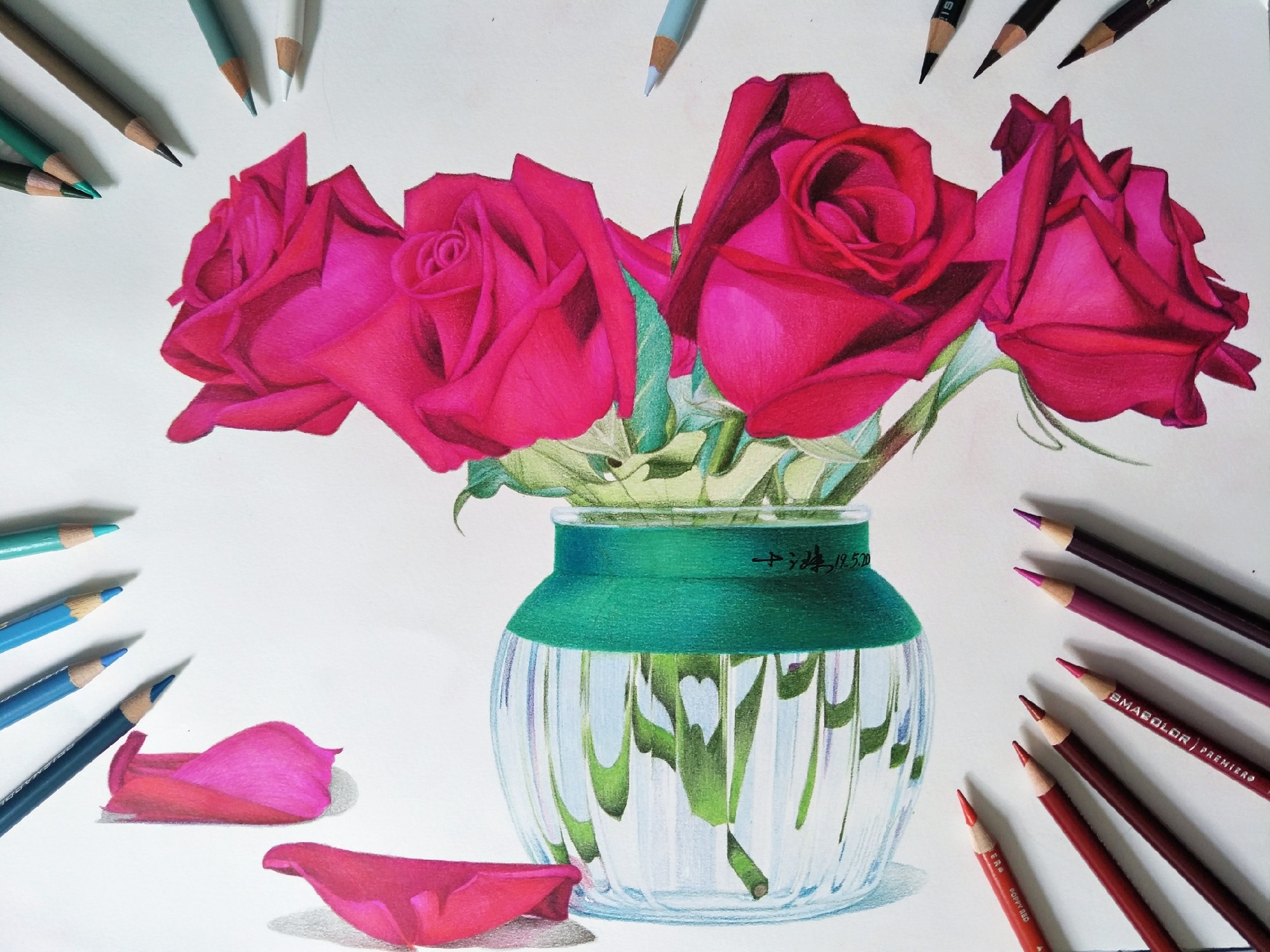 玫瑰月季彩铅画-玻璃花瓶插花