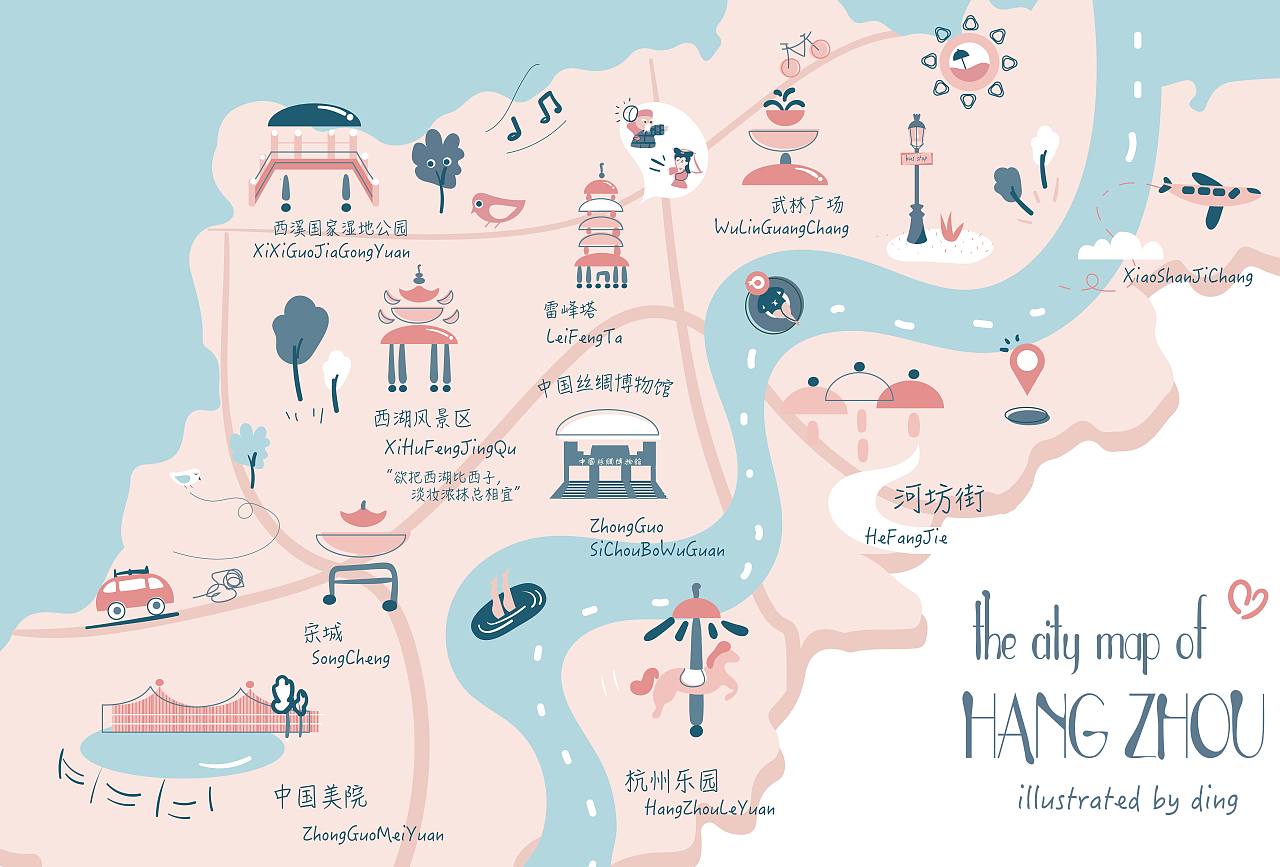 杭州地图插画|插画|创作习作|町町崽 原创作品 站酷(zcool)