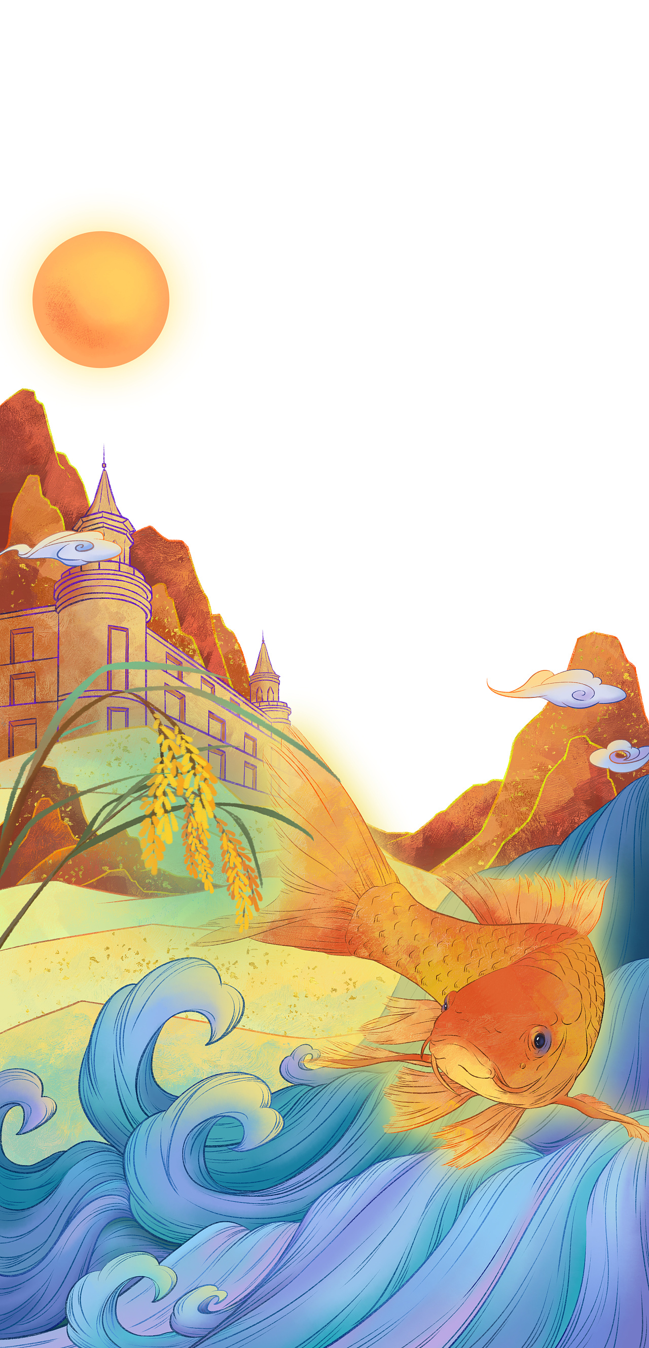 《白鹭戏稻鱼》产品包装插画