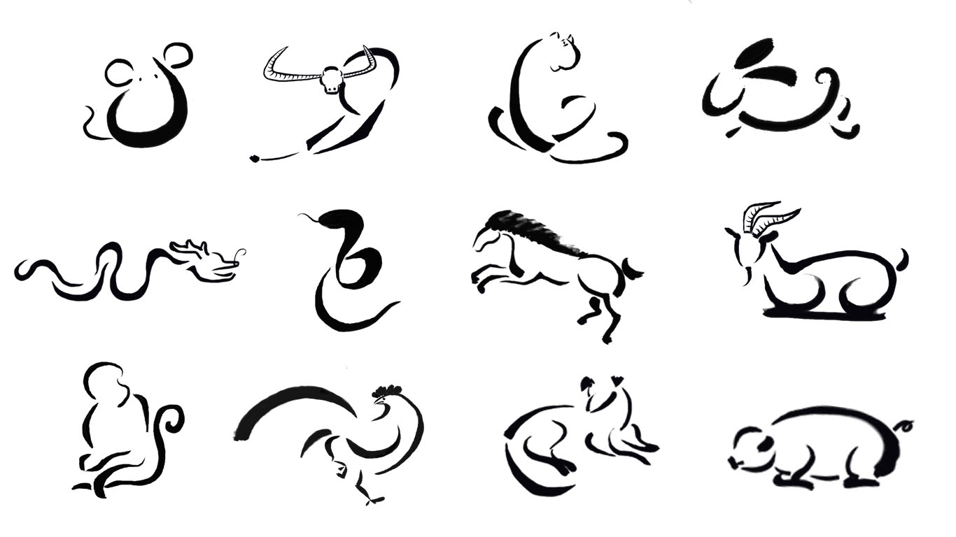 手绘十二生肖  每一个动物代表福字的