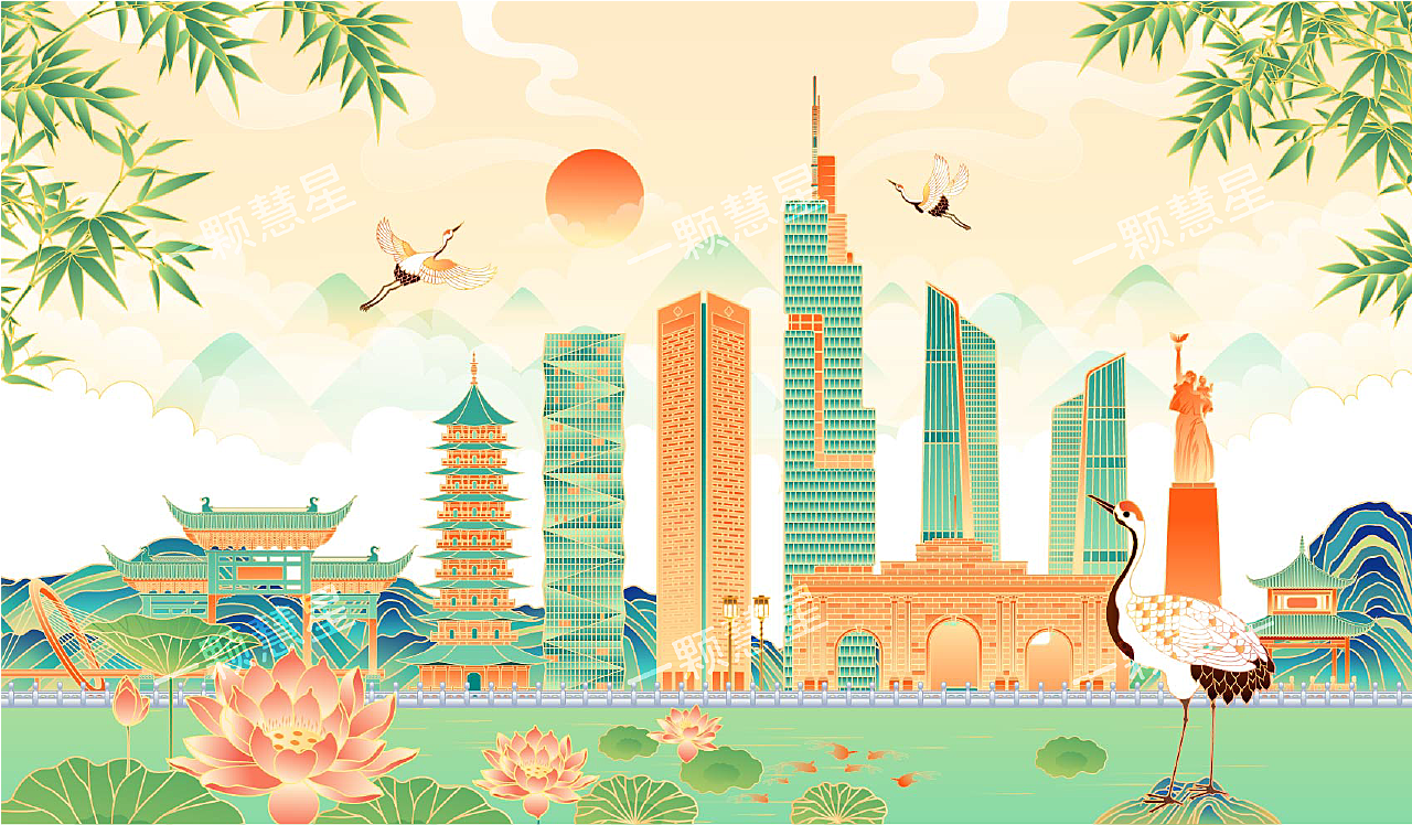 中国一线城市地标建筑矢量插画