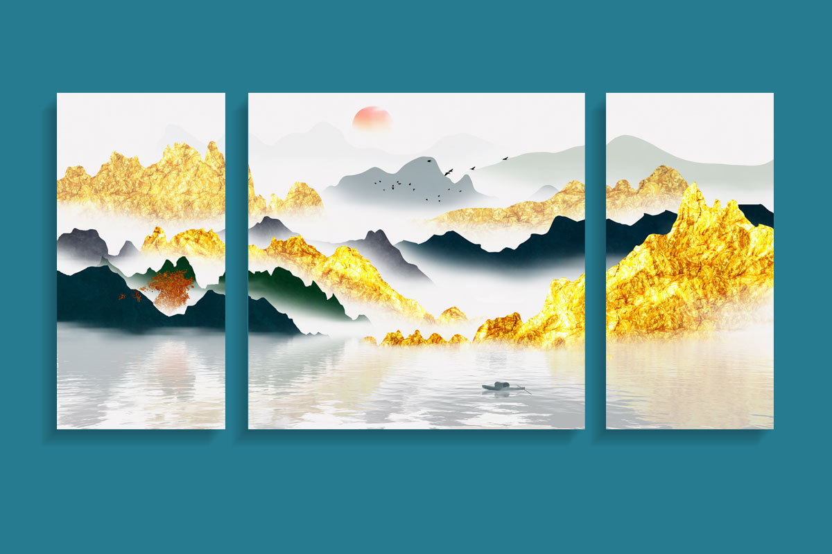 新中式现代简约手绘金色山水晶瓷画