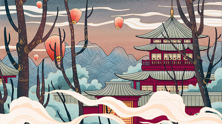 古风国潮中式山水建筑名胜游戏场景手绘插画海报设计