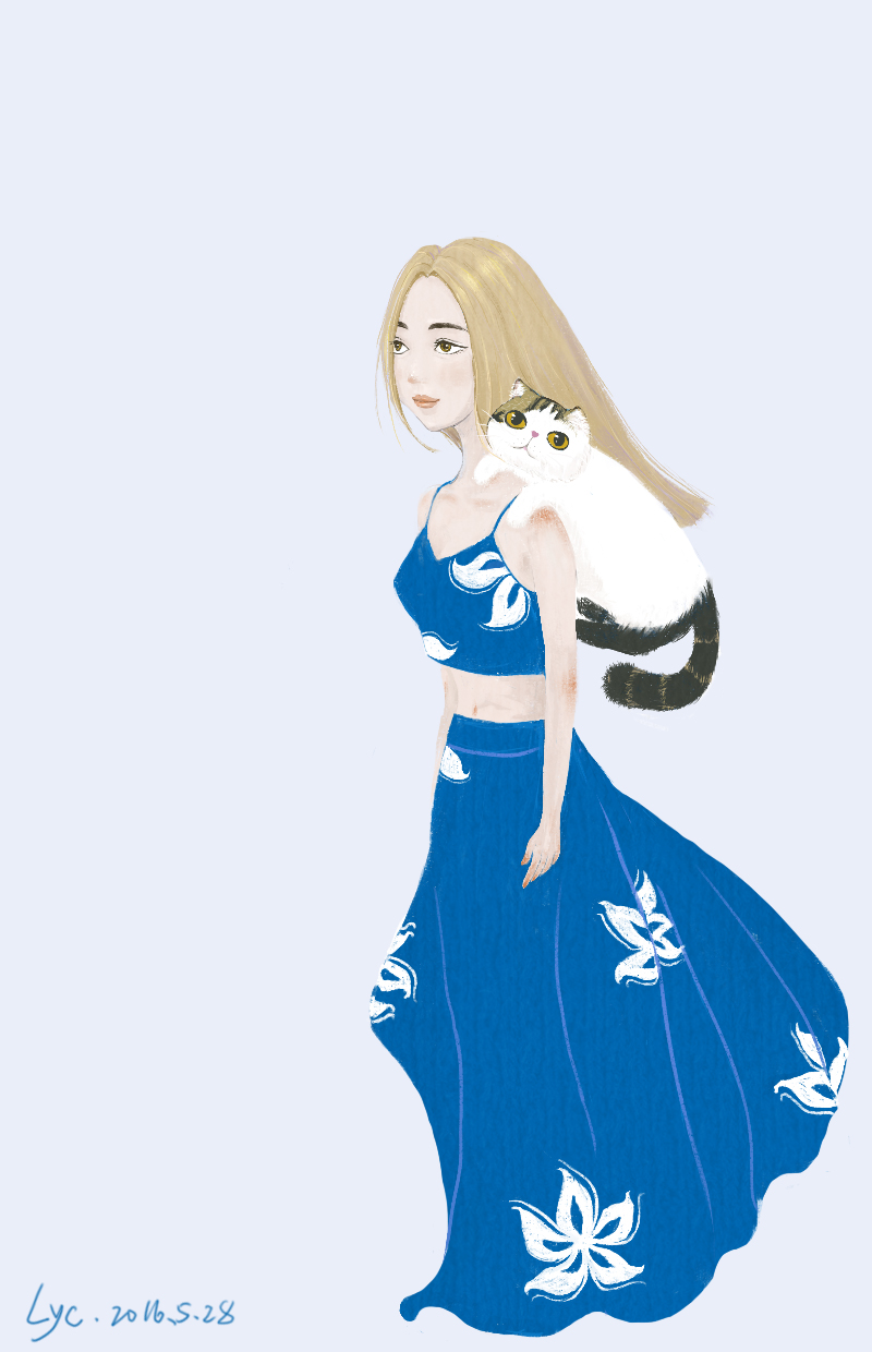 蓝裙子和猫|绘画习作|插画|sunny_颖 - 原创设计