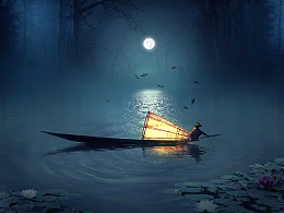 月夜中的小船