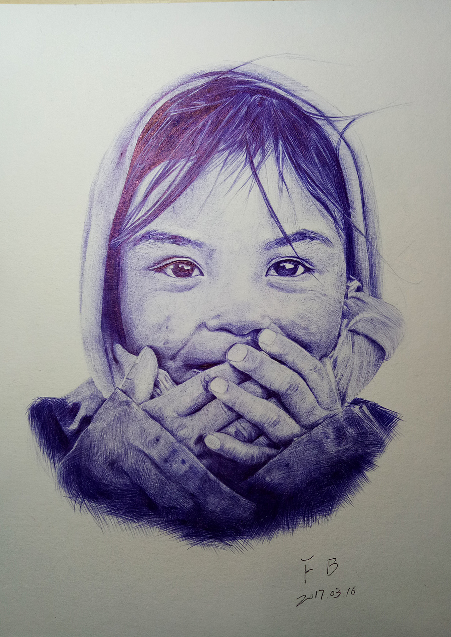 FB单色圆珠笔画《藏娃》|钢笔画|纯艺术|Fred超