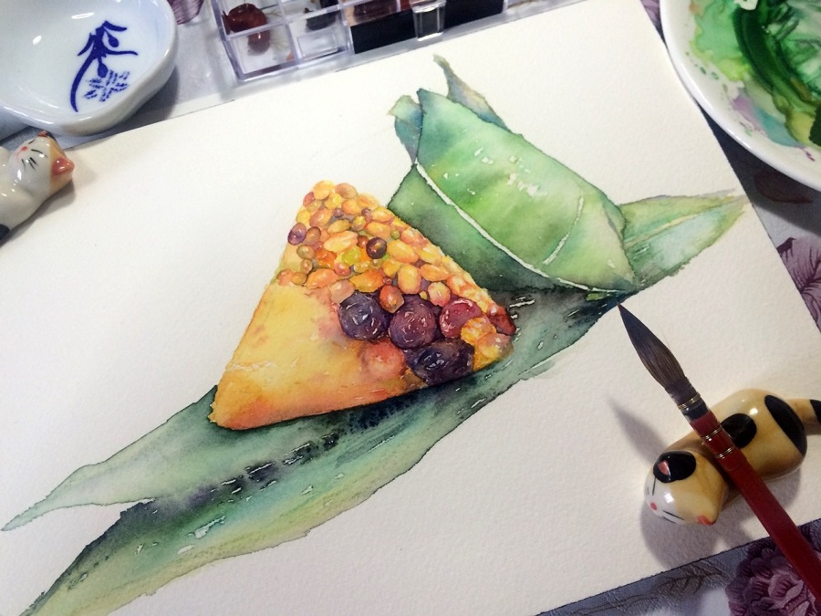 小妮子-水彩粽子教程|绘画习作|插画|大头妹子 