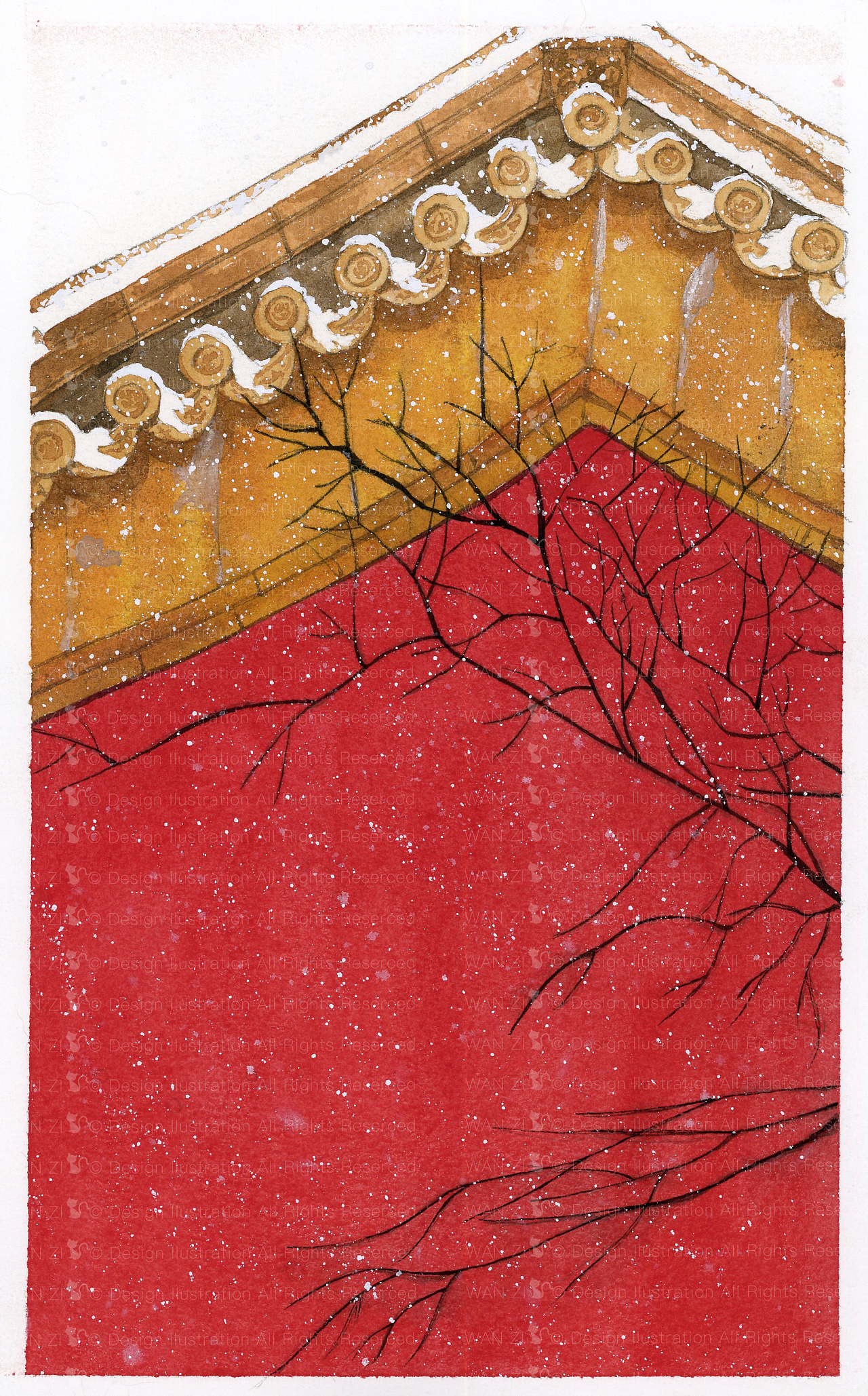 故宫红墙与雪,太美了.|插画|艺术插画|爱吃丸子的猫