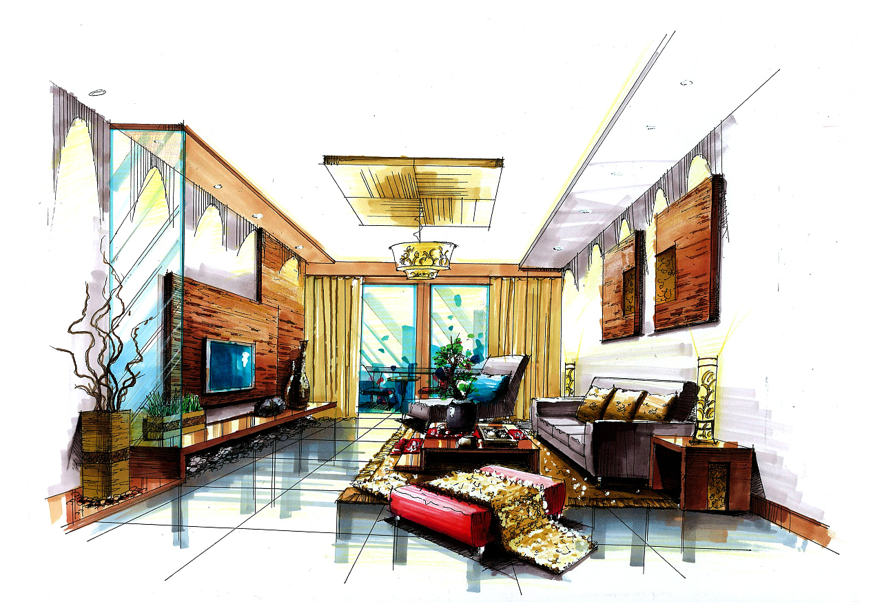 客厅设计手绘马克笔上色|空间|室内设计|MHC绘