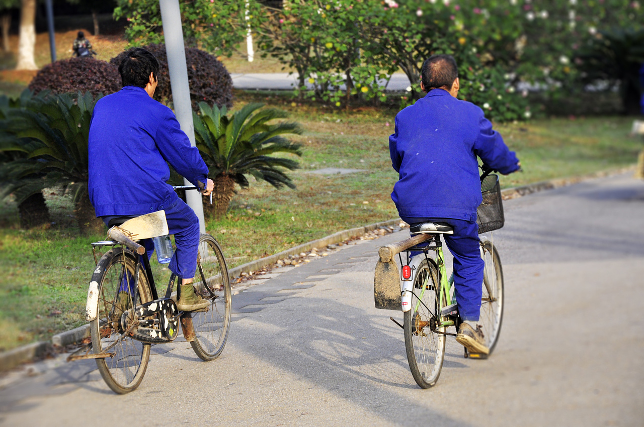 两个身穿蓝色工作服的人骑着自行车去上班,他们的自行车后座