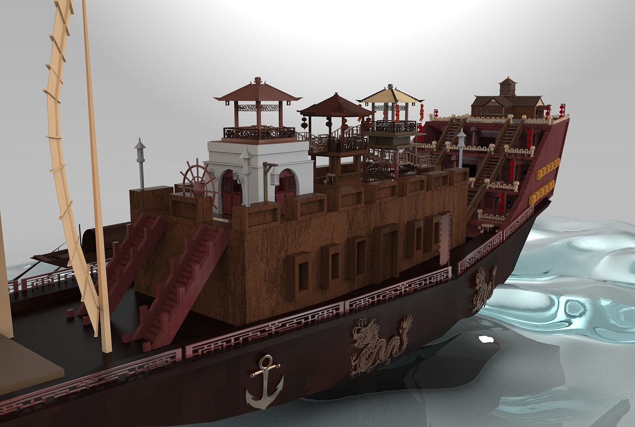 三维建模 以中国古代楼船为载体,结合中式亭台,楼阁,阶梯搭建的一艘