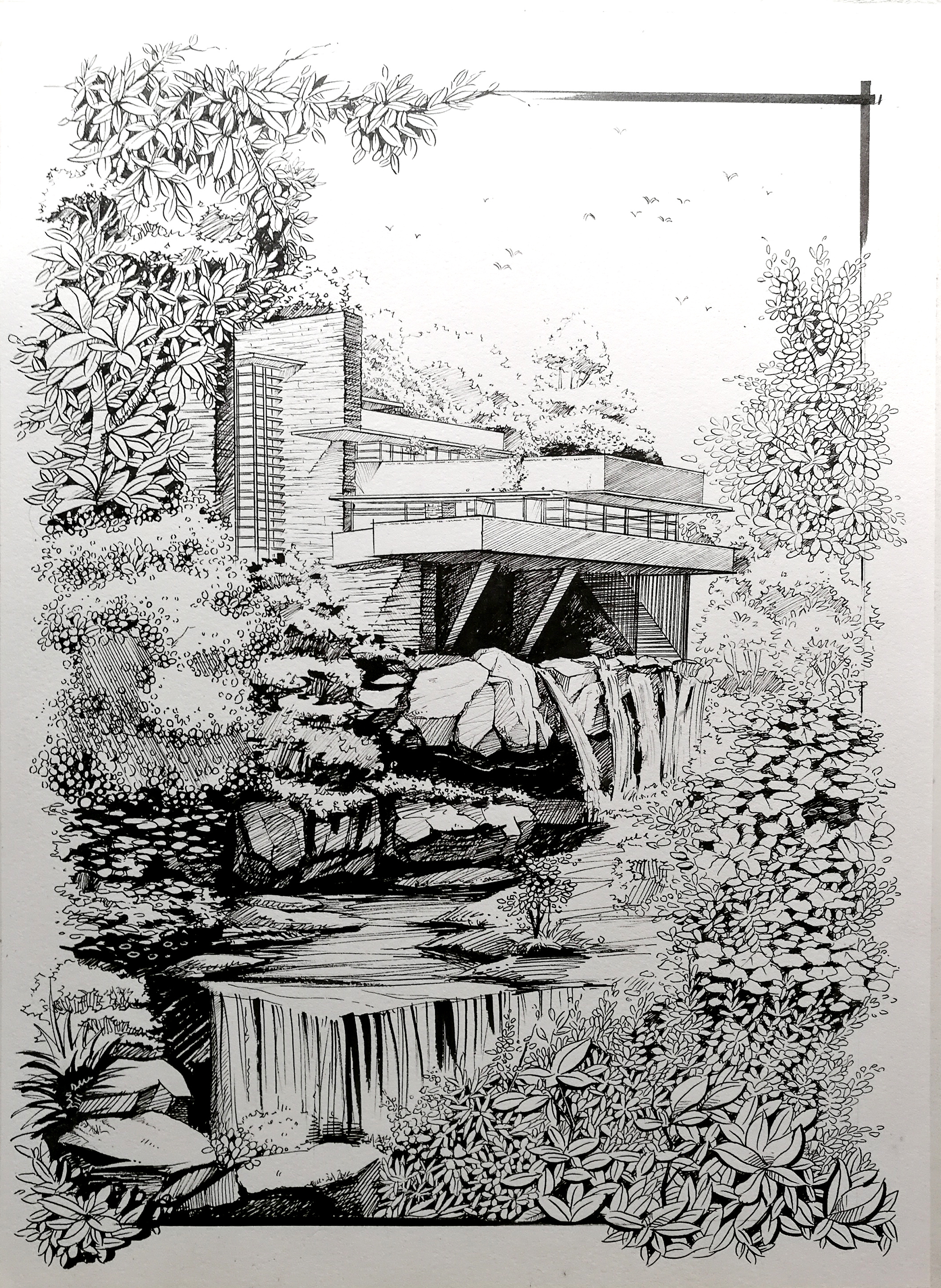 马克笔手绘作品:《赖特--流水别墅》|空间|建筑设计