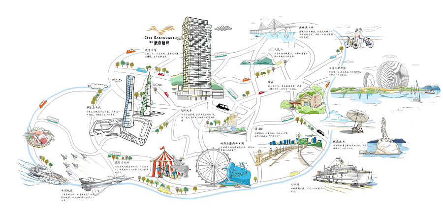 珠海海滨生活手绘地图|||MoonMoon24 - 原创设计作品 - 站酷 (ZCOOL)