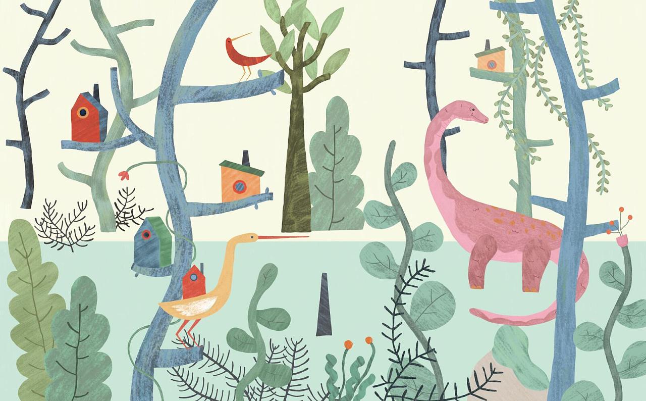 思舍布莱曼手绘卡通森林壁纸男孩卧室背景墙壁画艺术创意儿童墙纸|插画|商业插画|思舍壁纸 - 原创作品 - 站酷 (ZCOOL)