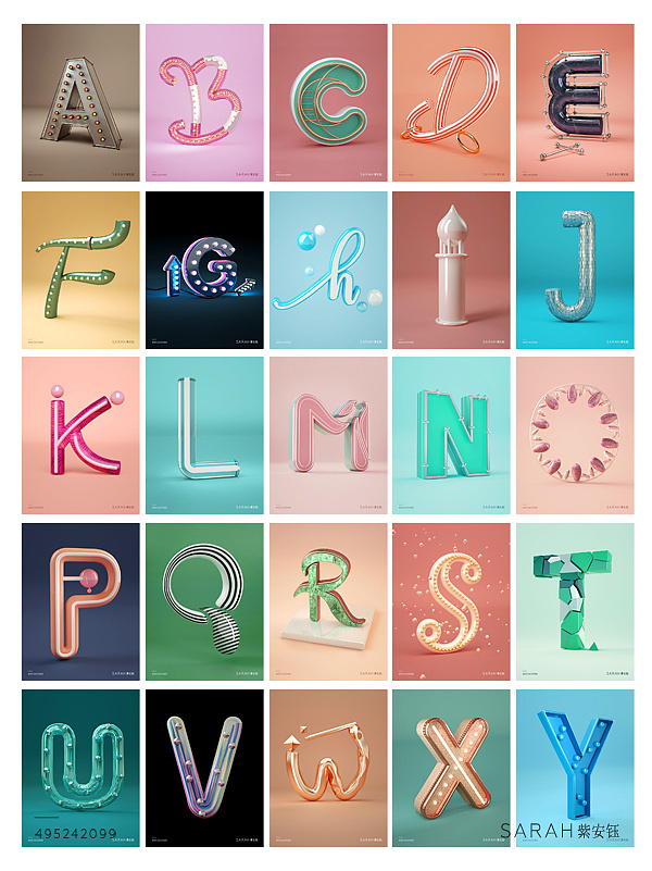 26字母c4d设计3d字体设计金属字英文字母紫安钰