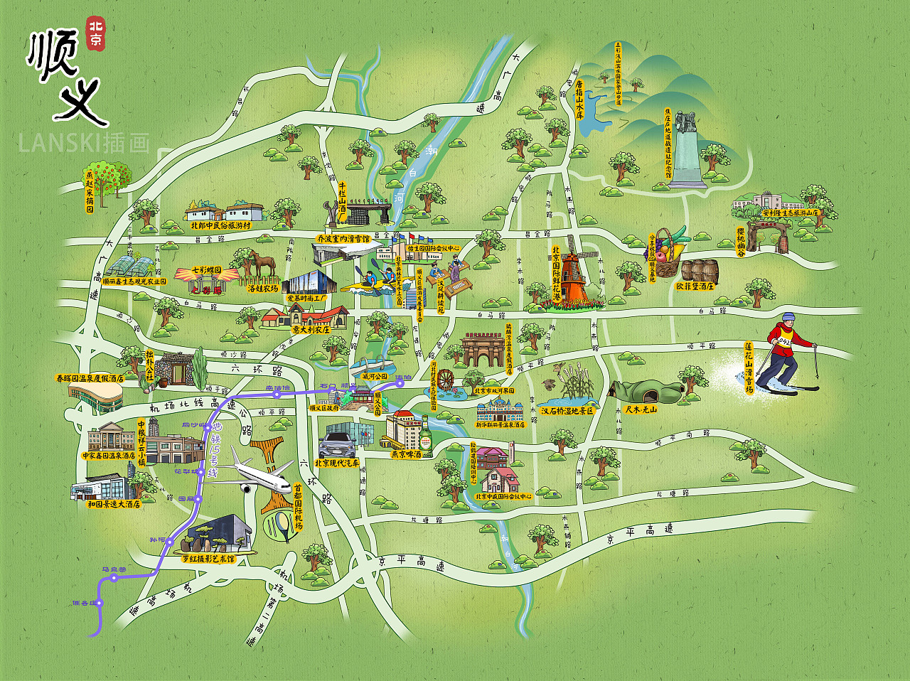北京顺义区手绘旅游地图图片