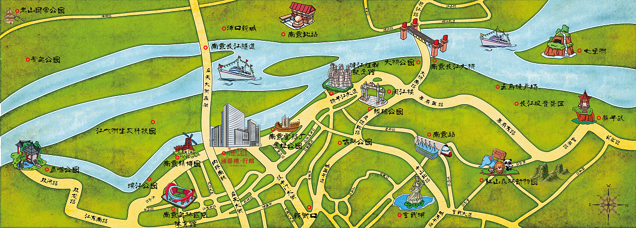 主要突出南京滨江地区的区域手绘地图