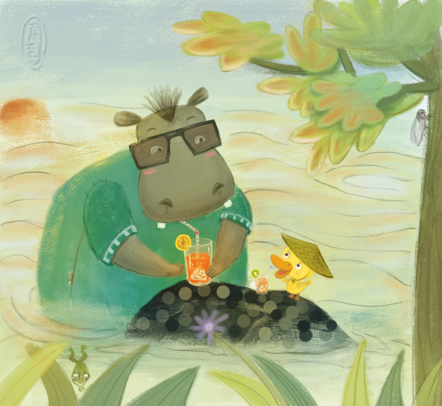 河马与鸭子的夏至|儿童插画|插画|木头喵咪 - 原