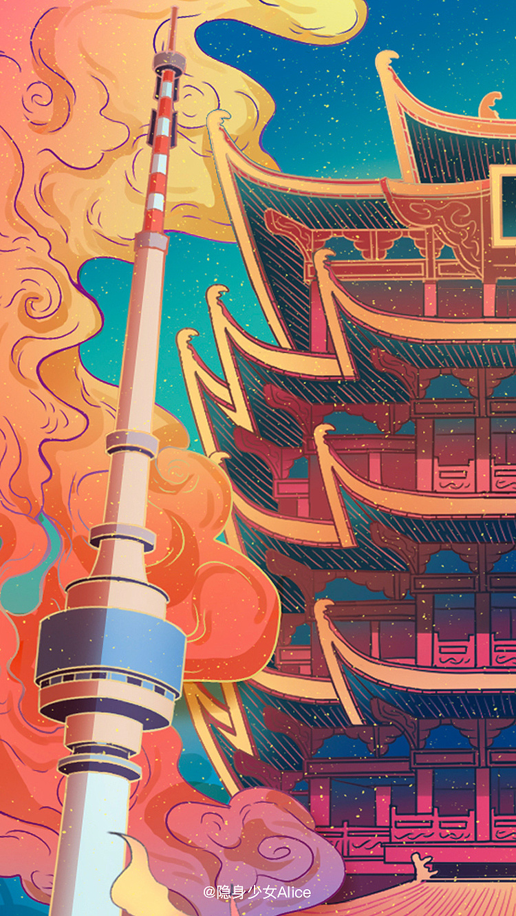 其中武汉的主视觉海报由我来设计绘制,选取了武汉最有特色的地标与