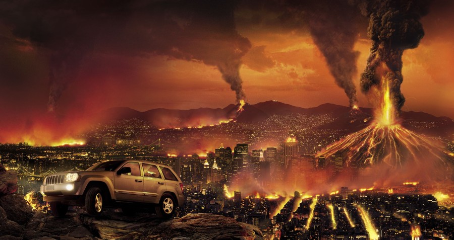 电影海报背景,火山喷发背景,城市浓烟,桌面壁纸