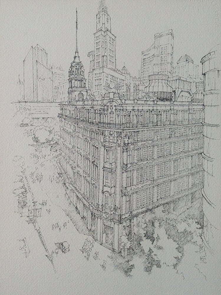 建筑手绘—上海街道俯视 (线稿过程)