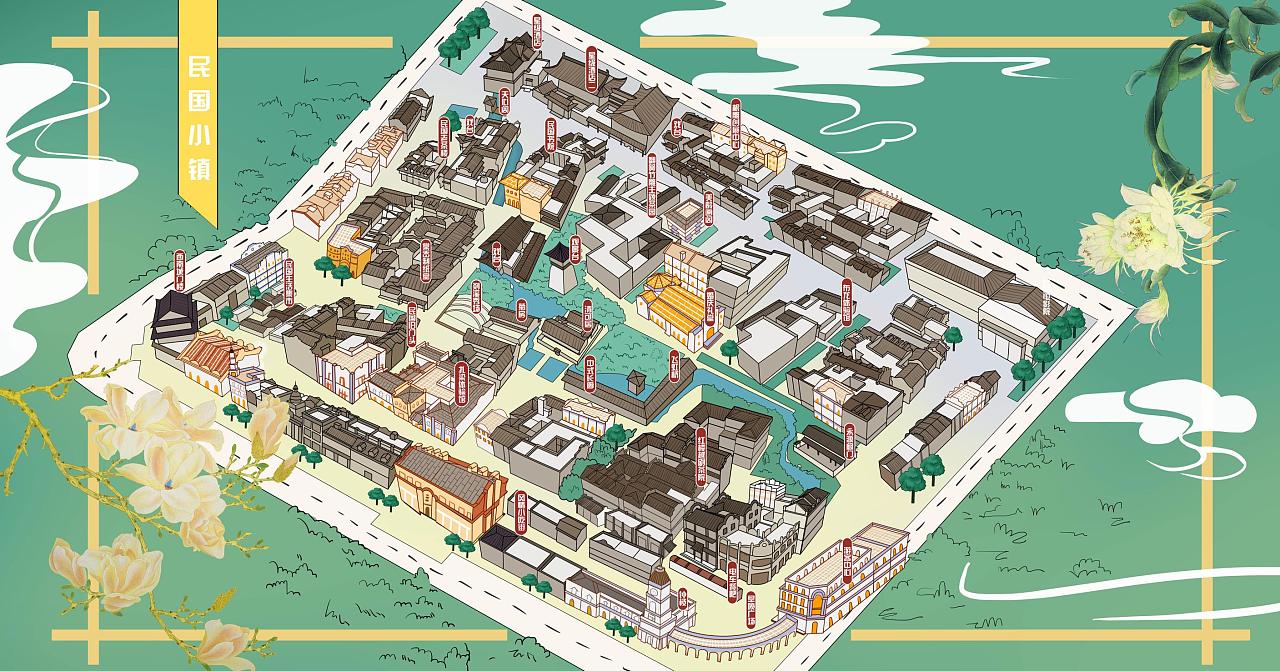 民国小镇手绘地图定制景区城市乡镇美丽村庄h5程序设计
