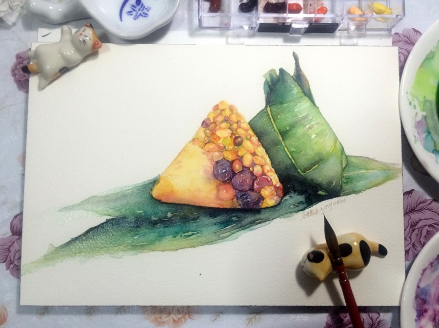 小妮子-水彩粽子教程|绘画习作|插画|大头妹子